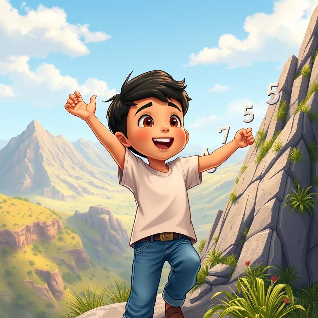 Image of Sami, a young Arab boy with short black hair in a T-shirt and jeans, excitedly watching numbers increase as he climbs the mountain, with a beautiful landscape around, detailed illustration, lively colors, adventurous scene, child-friendly