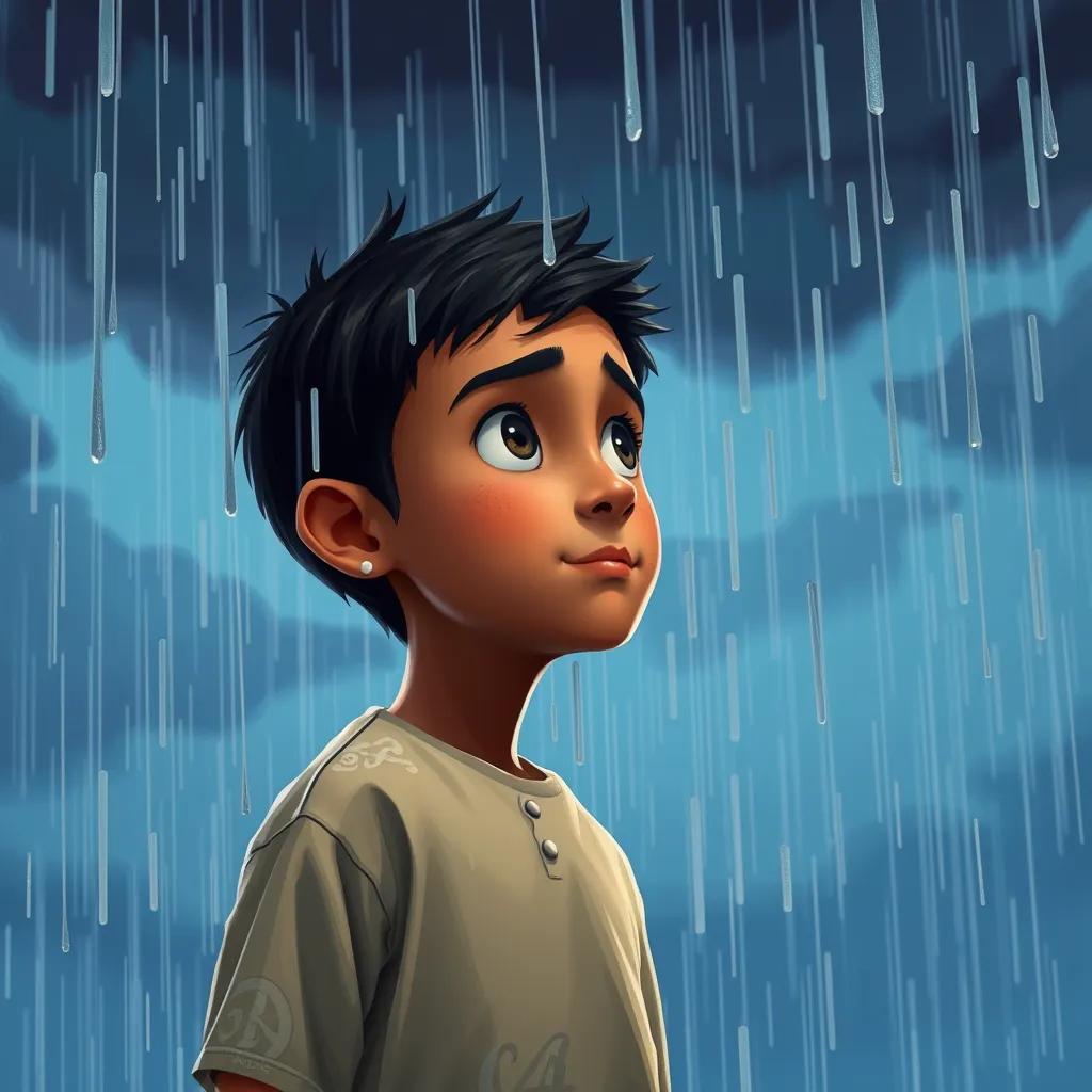 Image of Sudden rain falling on Sami, a young Arab boy with short black hair, watching as some numbers start to decrease, with dark clouds forming overhead, digital painting, slightly dramatic, colorful yet moody, storytelling perspective, high quality