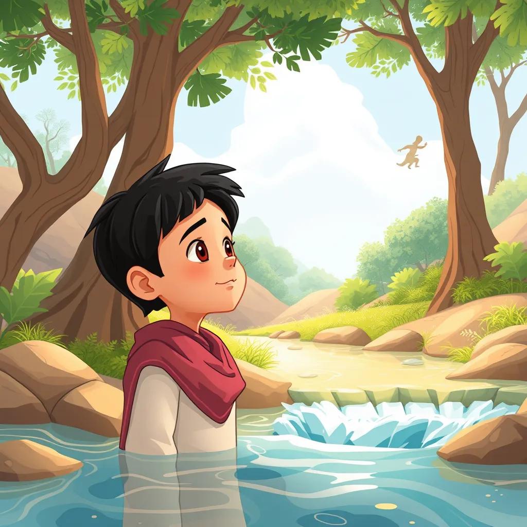 Image of Sami, a young Arab boy with short black hair, observing the natural patterns of increasing and decreasing numbers, surrounded by trees and flowing water, educational illustration, clear and informative, warm colors, engaging atmosphere, high quality