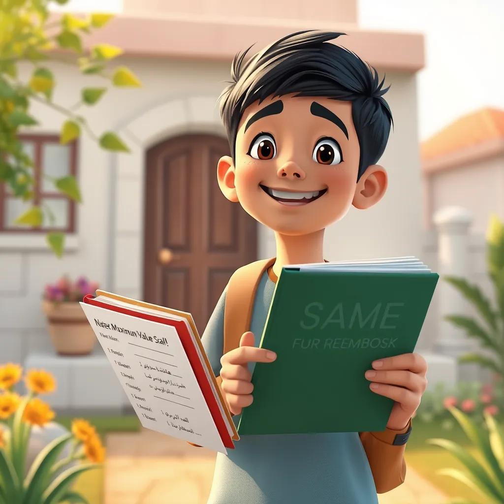 Image of Sami, a young Arab boy with short black hair, returning home with a notebook full of new knowledge about maximum values and growth, smiling as he shares with friends, heartwarming scene, cheerful colors, uplifting imagery, high quality