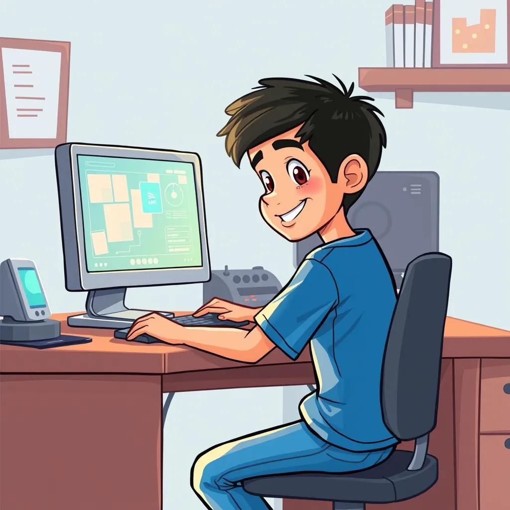 Image of A young Arab boy, Sami, with short black hair, wearing a blue t-shirt and jeans, sitting at his desk with a computer open, exploring new technology, digital art, bright colors, cheerful atmosphere, high quality