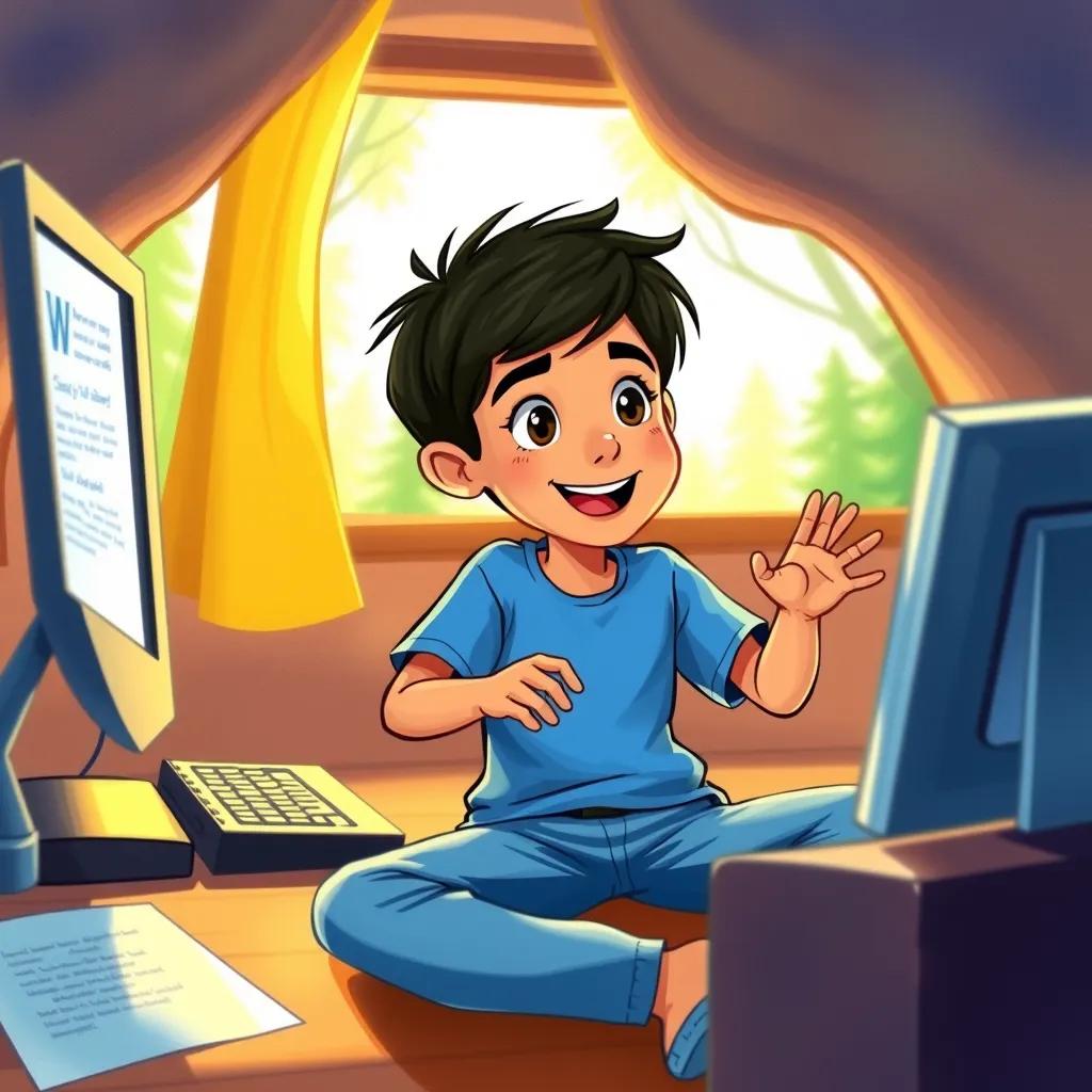 Image of Sami, a young Arab boy, with short black hair, wearing a blue t-shirt and jeans, opening the Word program on his computer, excited to write his story about an adventure in the forest, colorful, warm light, inviting perspective, highly detailed