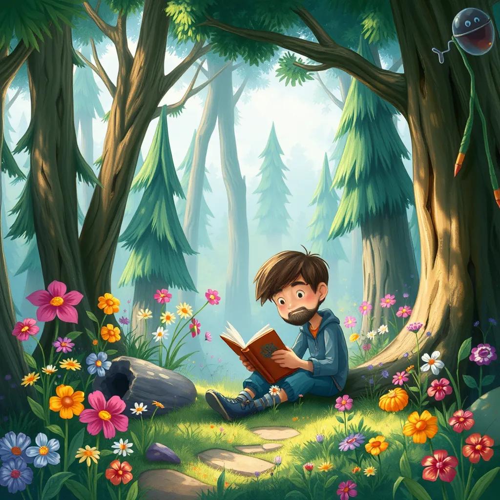 Image of A magical forest with tall green trees and colorful flowers, Sami is writing his story, surrounded by the beauty of nature, vibrant colors, whimsical and playful atmosphere, rich details