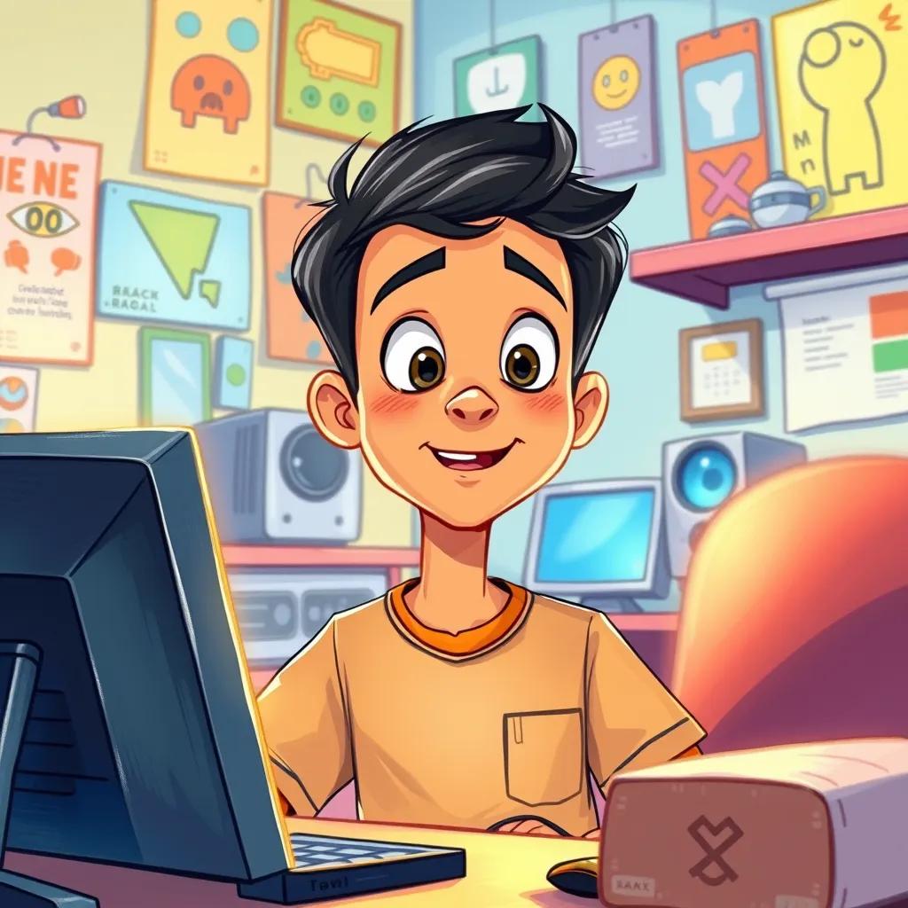 Image of A curious Sami, a young Arab boy, with short black hair, looking at his computer screen with wonder and excitement, his room filled with gadgets and posters, colorful, bright lighting, joyful mood, high quality