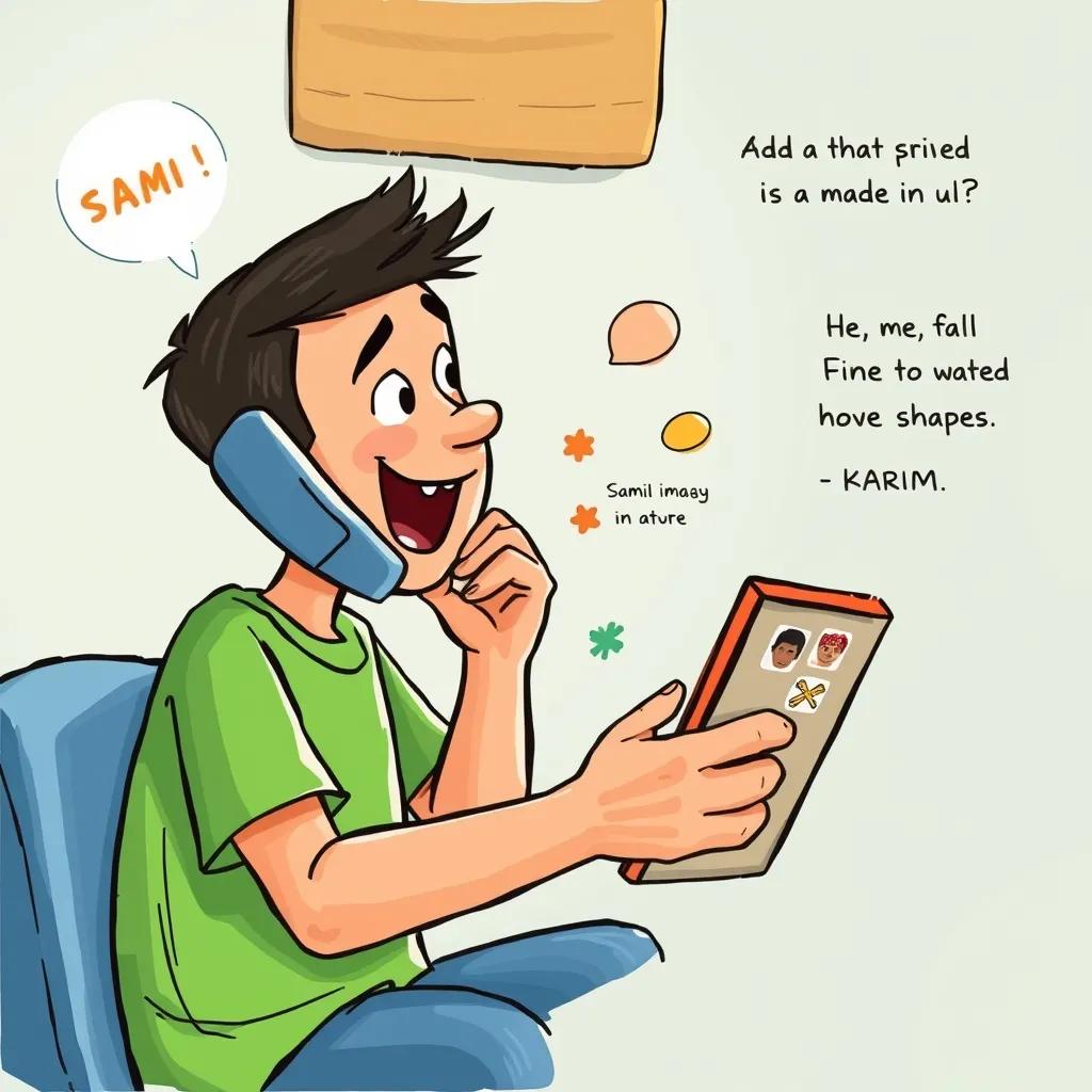 Image of Sami talking on the phone, excitedly listening to his friend Karim, a young Arab boy, with short black hair, wearing a green shirt, guiding him on how to add images and shapes, colorful, engaging composition, friendly vibe