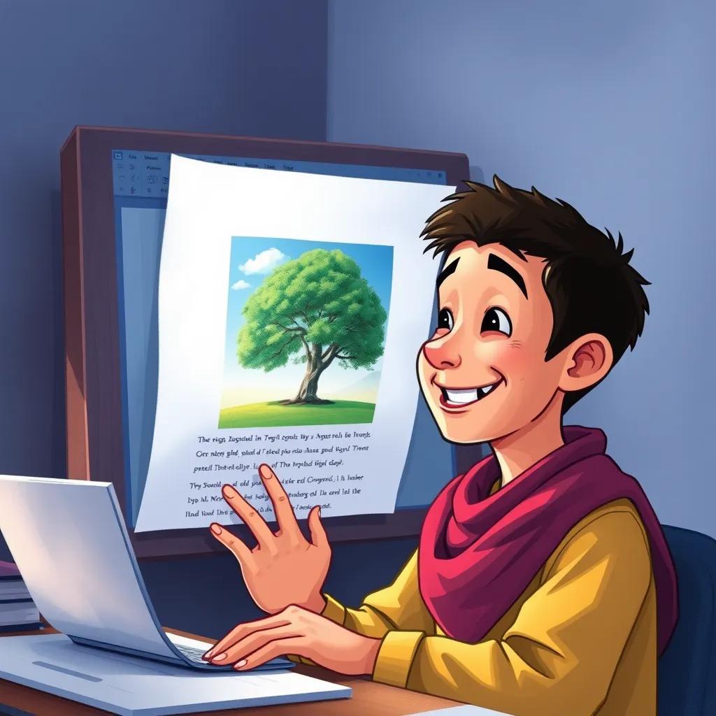 Image of Sami, the young Arab boy, smiling as a beautiful tree picture appears in his Word document, a sense of achievement on his face, vibrant colors, detailed digital art