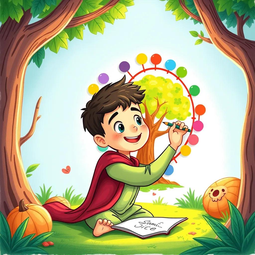 Image of Sami drawing a colorful circle around the tree image in his story, feeling accomplished and happy, bright colors, animated surroundings, playful atmosphere