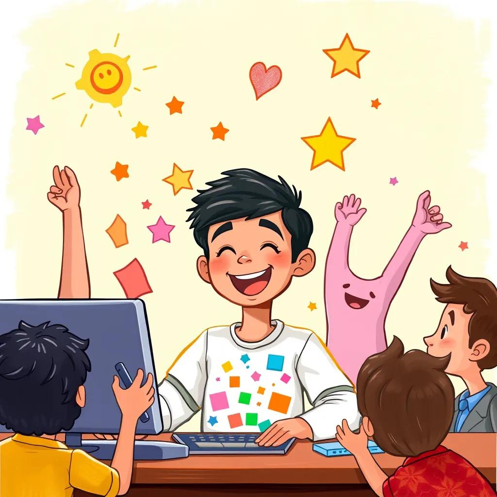 Image of A joyful Sami, a young Arab boy, with his computer displaying colorful shapes and images in his story, surrounded by his friends celebrating creativity, vibrant colors, dynamic composition