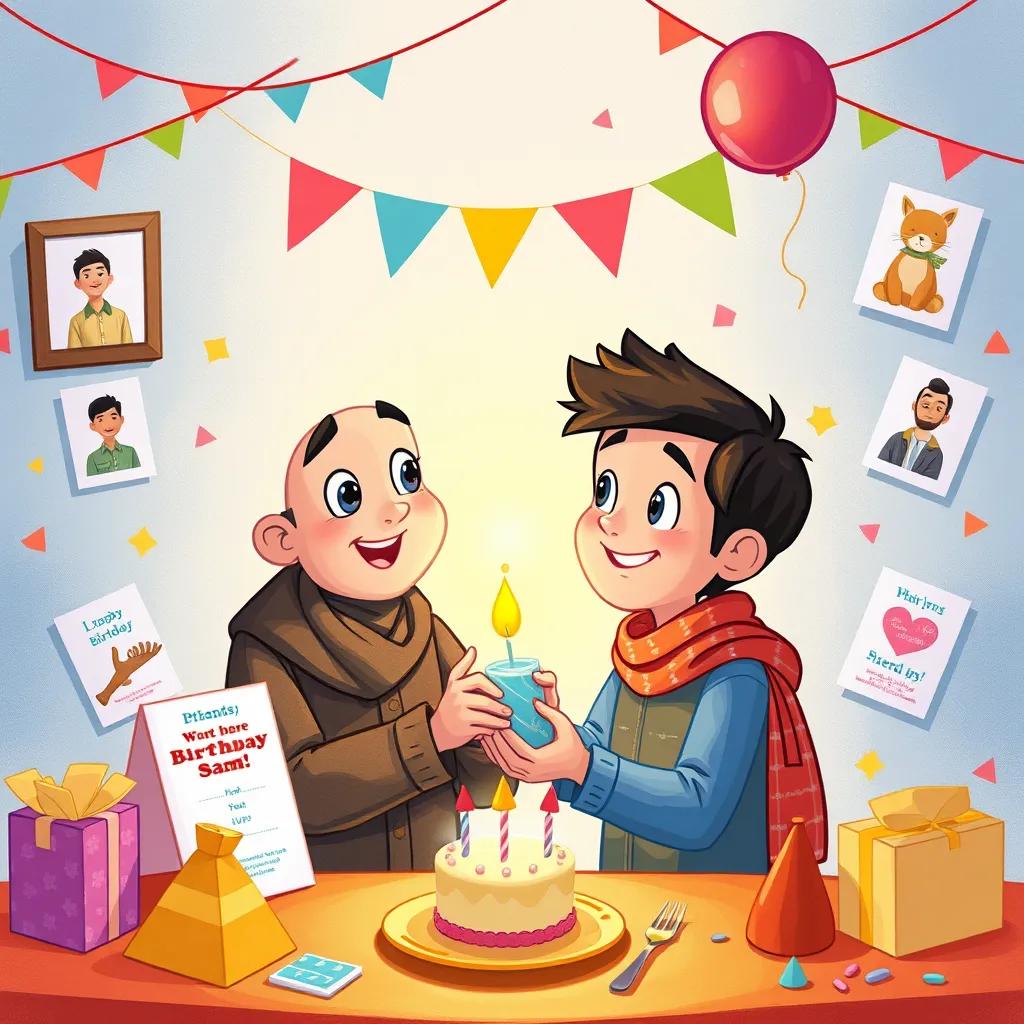 Image of Sami thanking Karim with a smile, surrounded by colorful invitations for his birthday party, showcasing photos and shapes, festive atmosphere, high quality, warmth in the scene