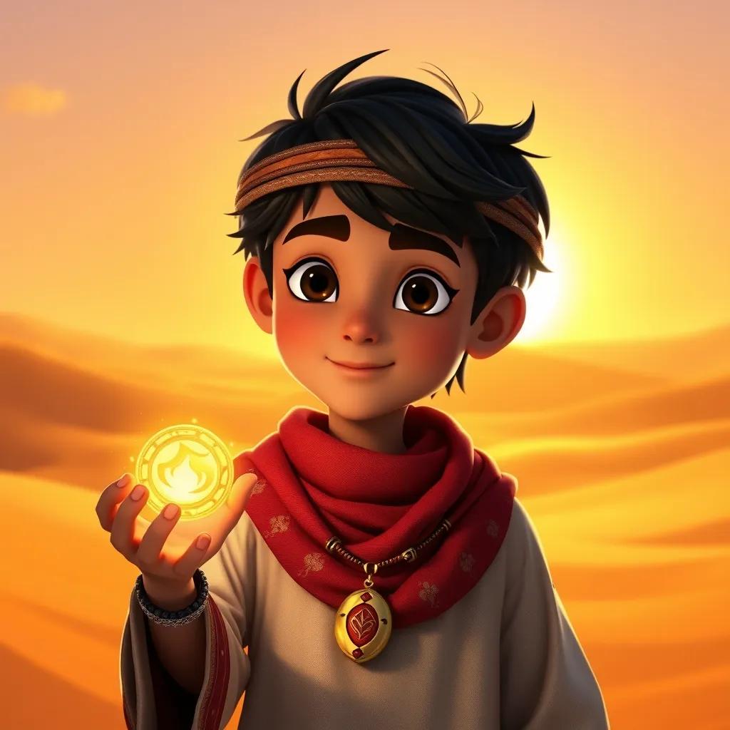 Image of A young Arab boy, Sami, with short black hair wearing traditional bedouin clothes, standing in a sunny desert with a magical necklace glowing in his hand, digital art, vibrant colors, warm atmosphere, high quality