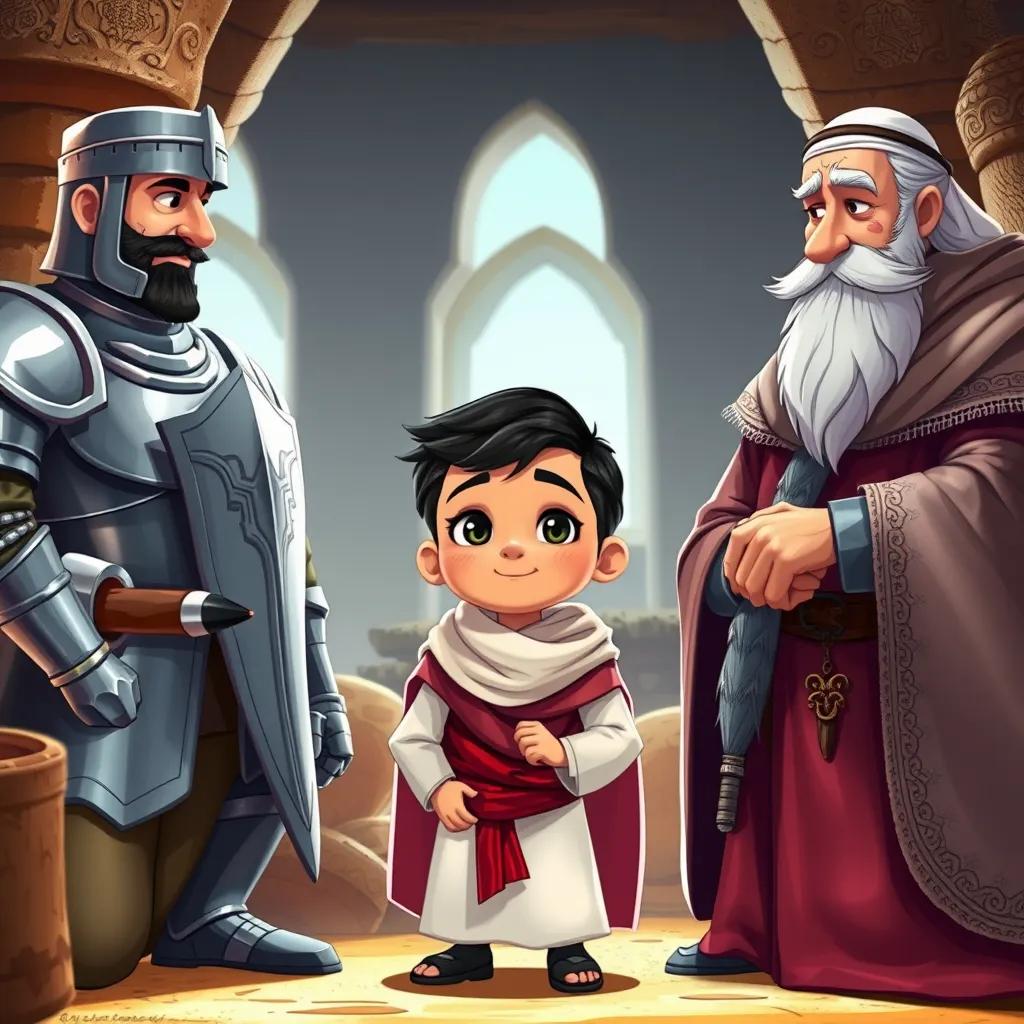 Image of A young Arab boy, Sami, with short black hair wearing traditional bedouin clothes, surrounded by a knight in shining armor and an old wise man, discussing an important plan in a historic setting, illustration, detailed, cozy warmth, child-friendly