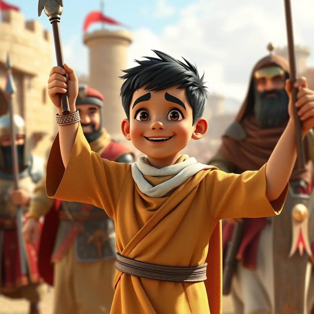 Image of A victorious young Arab boy, Sami, with short black hair in traditional bedouin clothes, celebrating with the knight and wise man after winning a battle in a historic village setting, joyful and uplifting, colorful, vibrant, festival scene