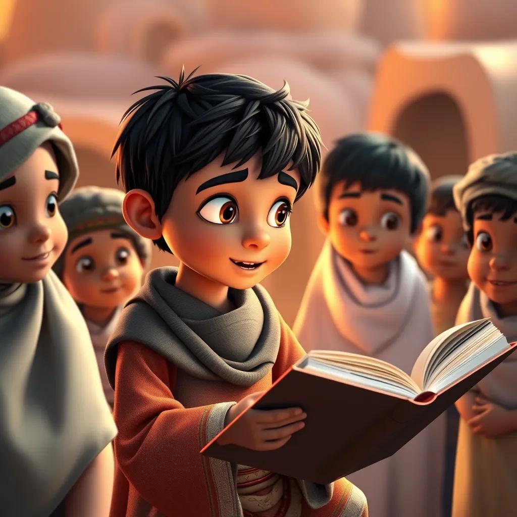 Image of A young Arab boy, Sami, with short black hair wearing traditional bedouin clothes, telling his story to a group of curious children in a village, warm colors, inviting atmosphere, heartwarming moment, high quality