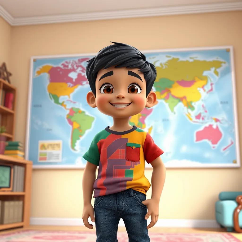 Image of A young Arab boy, Sami, with short black hair, wearing a colorful t-shirt and jeans, standing in front of a big map of the world in his room, cheerful expression, educational atmosphere, colorful and inviting, digital art, high detail