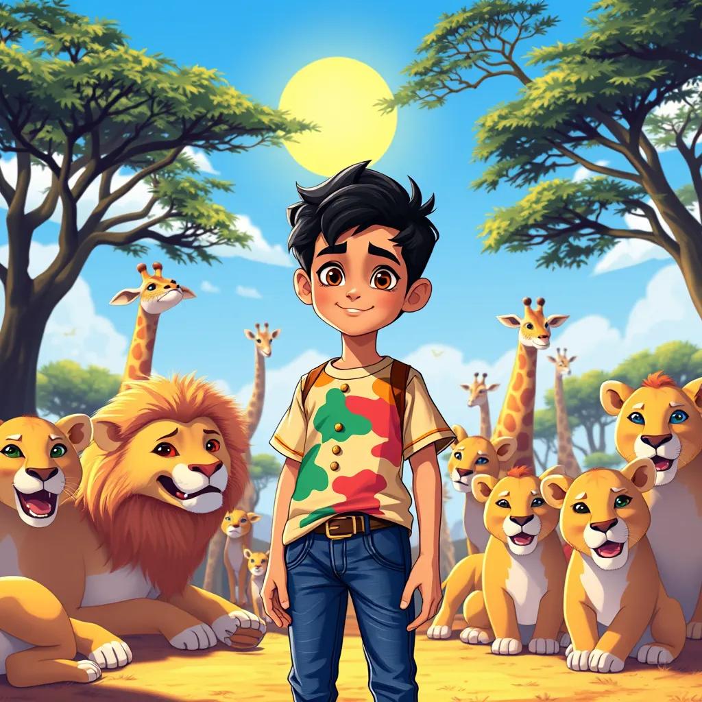 Image of A young Arab boy, Sami, with short black hair, wearing a colorful t-shirt and jeans, surrounded by lions and giraffes in the African savanna, sunny day, vibrant colors, wildlife adventure theme, illustration, child-friendly, detailed