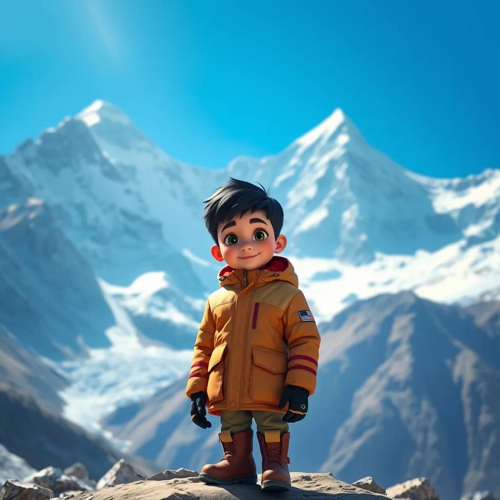 Image of A young Arab boy, Sami, with short black hair, wearing a winter jacket and boots, standing at the base of Mount Everest, breathtaking scenery, icy peaks, bright blue sky, adventure theme, digital painting, realistic, inspiring