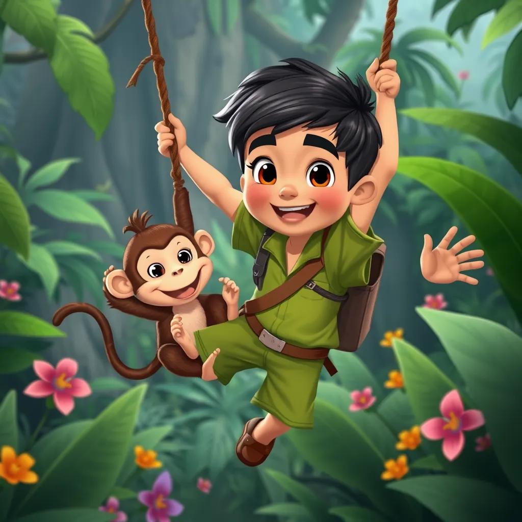 Image of A young Arab boy, Sami, with short black hair, wearing green explorer clothes, swinging through the Amazon rainforest with a friendly monkey named Toto, lush greenery and colorful flowers, jungle adventure scene, cheerful, colorful illustration, child-friendly