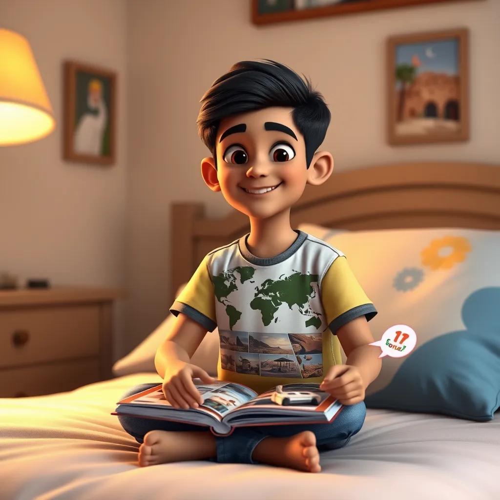 Image of A young Arab boy, Sami, with short black hair, wearing a colorful t-shirt and jeans, sitting on his bed with a scrapbook filled with pictures of his adventures around the world, happy expression, warm light, homey atmosphere, digital art, heartwarming