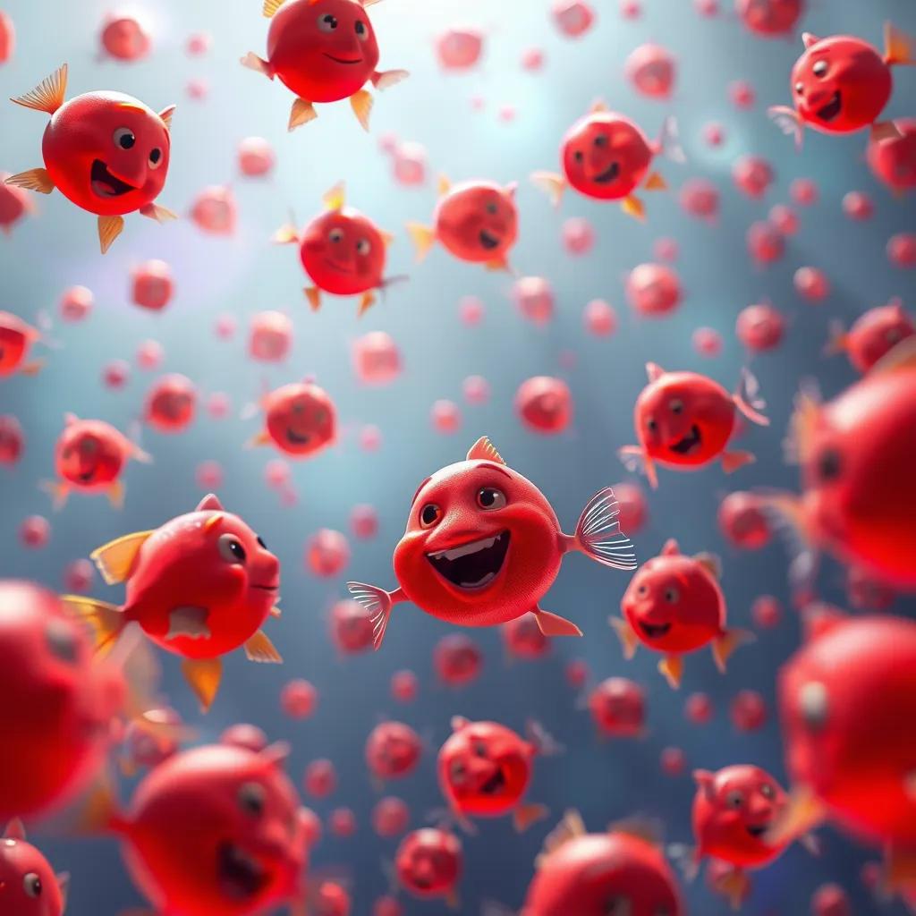 Image of A joyful scene with red blood cells swimming in blood vessels like colorful fish, digital art, bright colors, active atmosphere, high detail