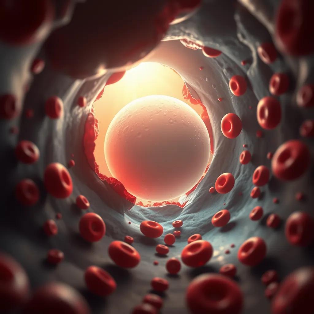 Image of A white blood cell opening a path in a damaged blood vessel, surrounded by concerned red blood cells, digital painting, warm light, focused perspective