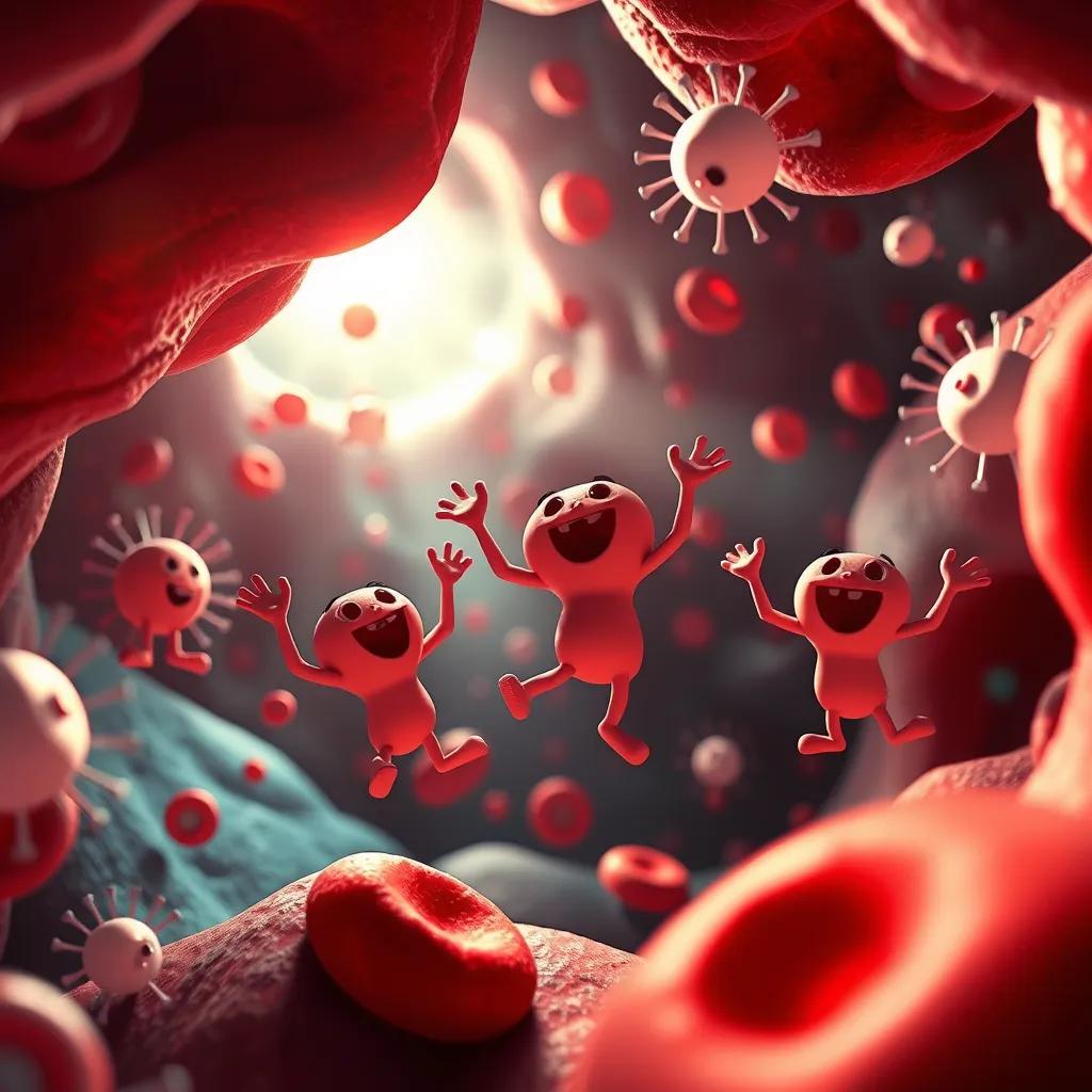 Image of A celebration scene in the blood vessels after overcoming germs, red and white blood cells joyfully dancing, digital art, festive atmosphere, colorful