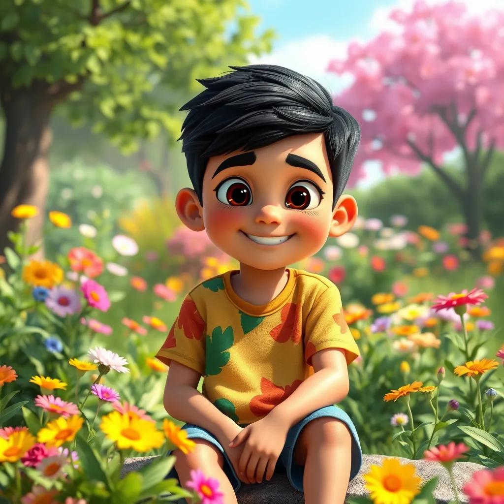 Image of A young Arab boy, Sami, with short black hair, wearing a colorful t-shirt and shorts, sitting in a garden filled with flowers and trees, surrounded by nature, cheerful, digital art, vibrant colors, sunny atmosphere, high quality