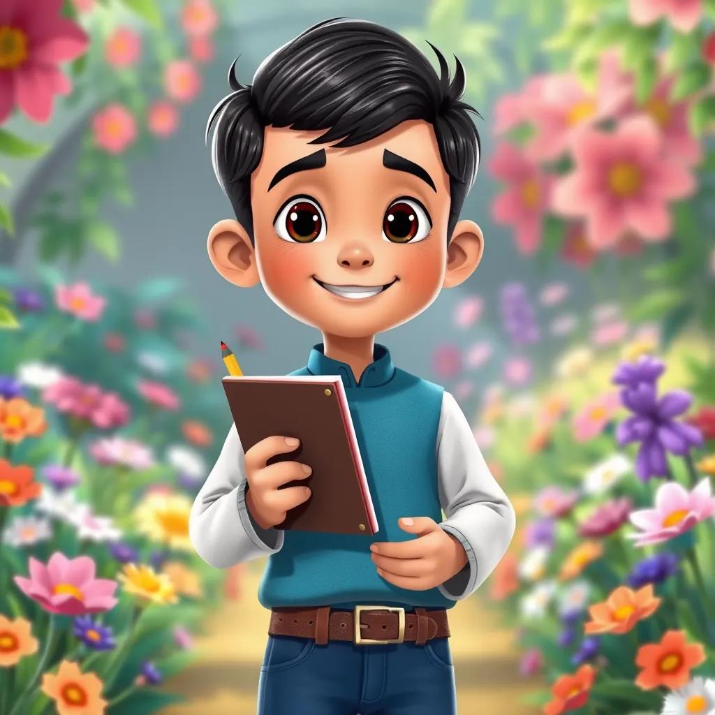 Image of Sami, a young Arab boy with short black hair, holding a notebook and pencil, standing in a beautiful garden with colorful flowers, smiling, illustration, bright and playful, child-friendly