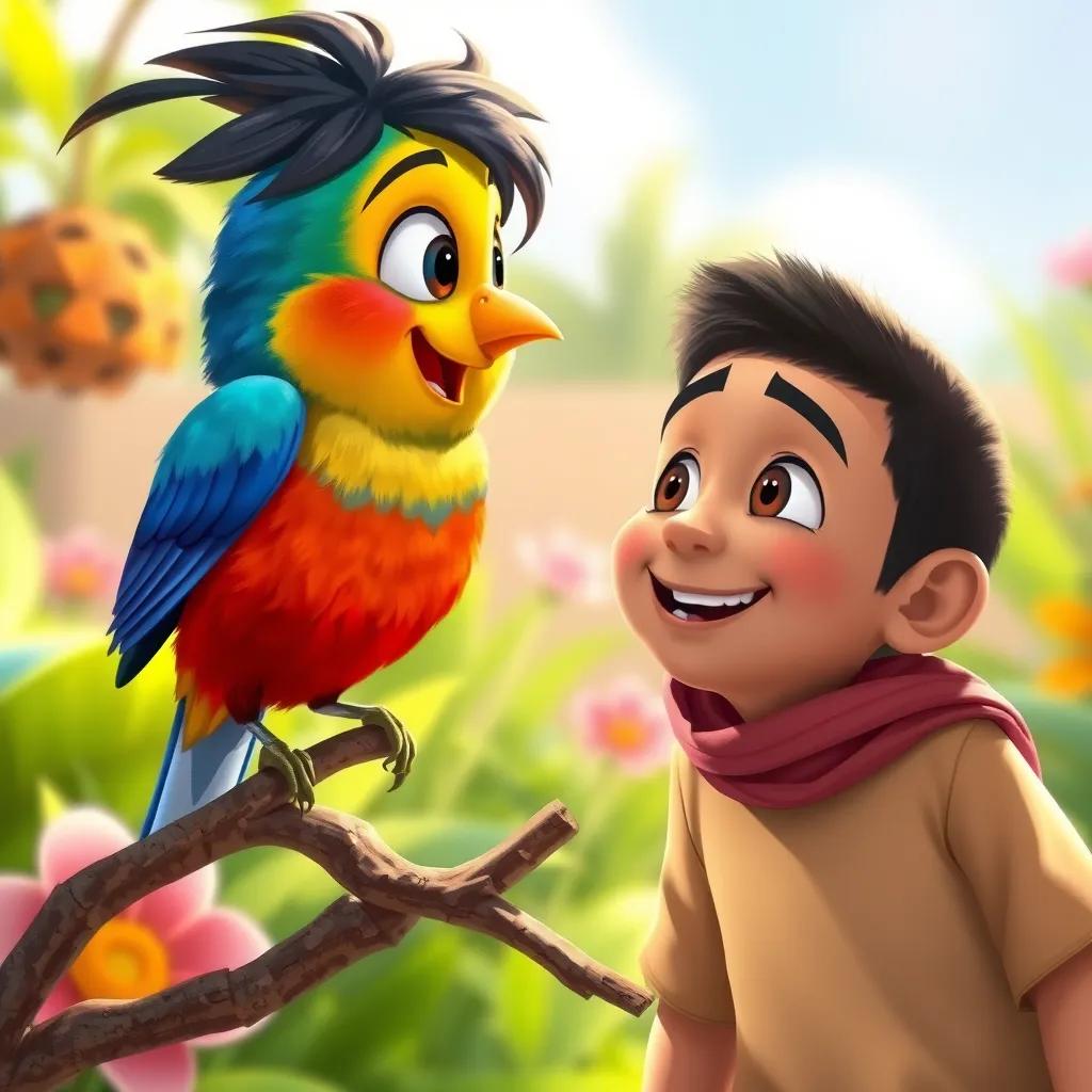 Image of A small colorful bird, with bright feathers, perched on a branch, talking to Sami, a young Arab boy with short black hair, in a sunny garden, cheerful expression, digital painting, uplifting