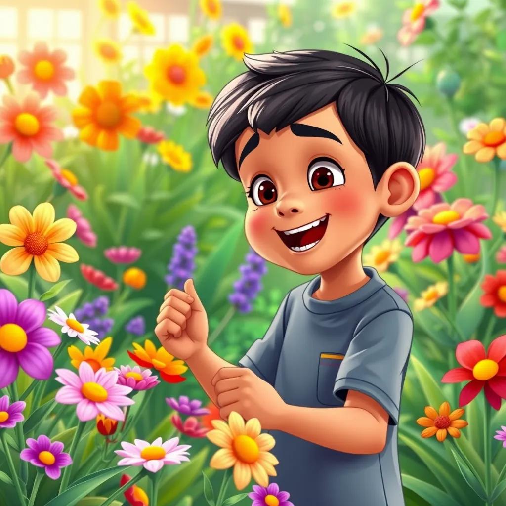 Image of Sami, a young Arab boy with short black hair, excitedly counting flowers in colorful garden, having fun with numbers, engaging illustration, vivid colors, lively atmosphere