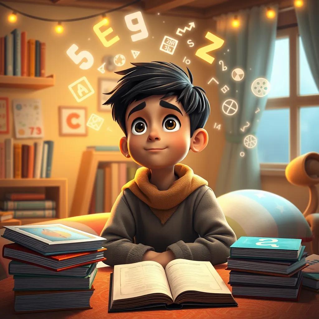 Image of Sami, a young Arab boy with short black hair, dreaming about future math adventures in his cozy room, surrounded by books and math games, warm lighting, imaginative, heartwarming design