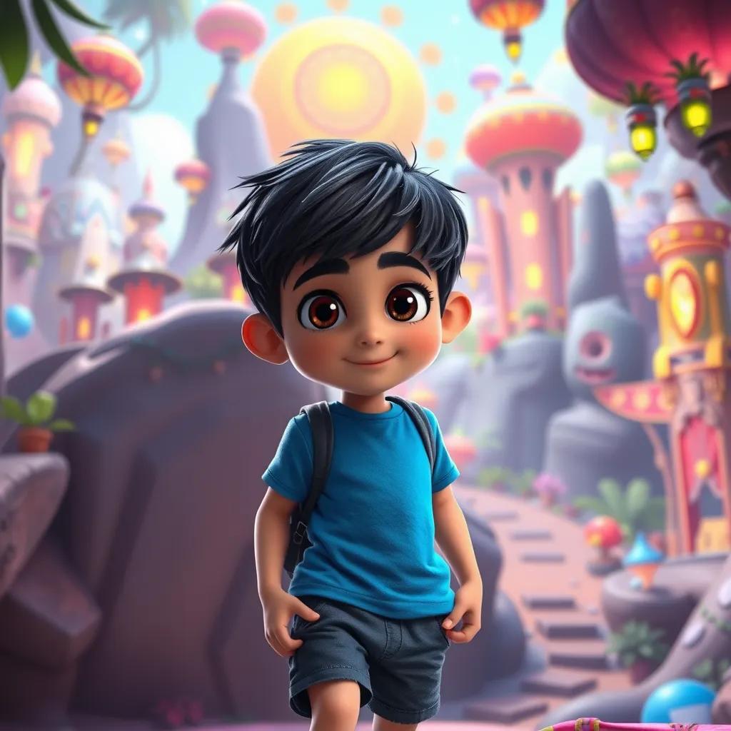 Image of A young Arab boy, Kood, with short black hair wearing a bright blue t-shirt and comfortable shorts, exploring a magical computer world filled with colorful graphics, digital art, vibrant colors, imaginative atmosphere, high quality