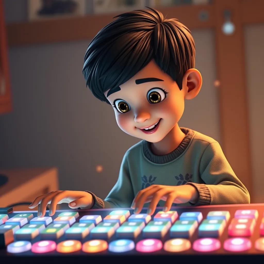 Image of Kood, a young Arab boy with short black hair, interacting with a sparkling keyboard, keys glowing in different colors, a sense of wonder, whimsical style, bright light, cheerful ambiance, high detail