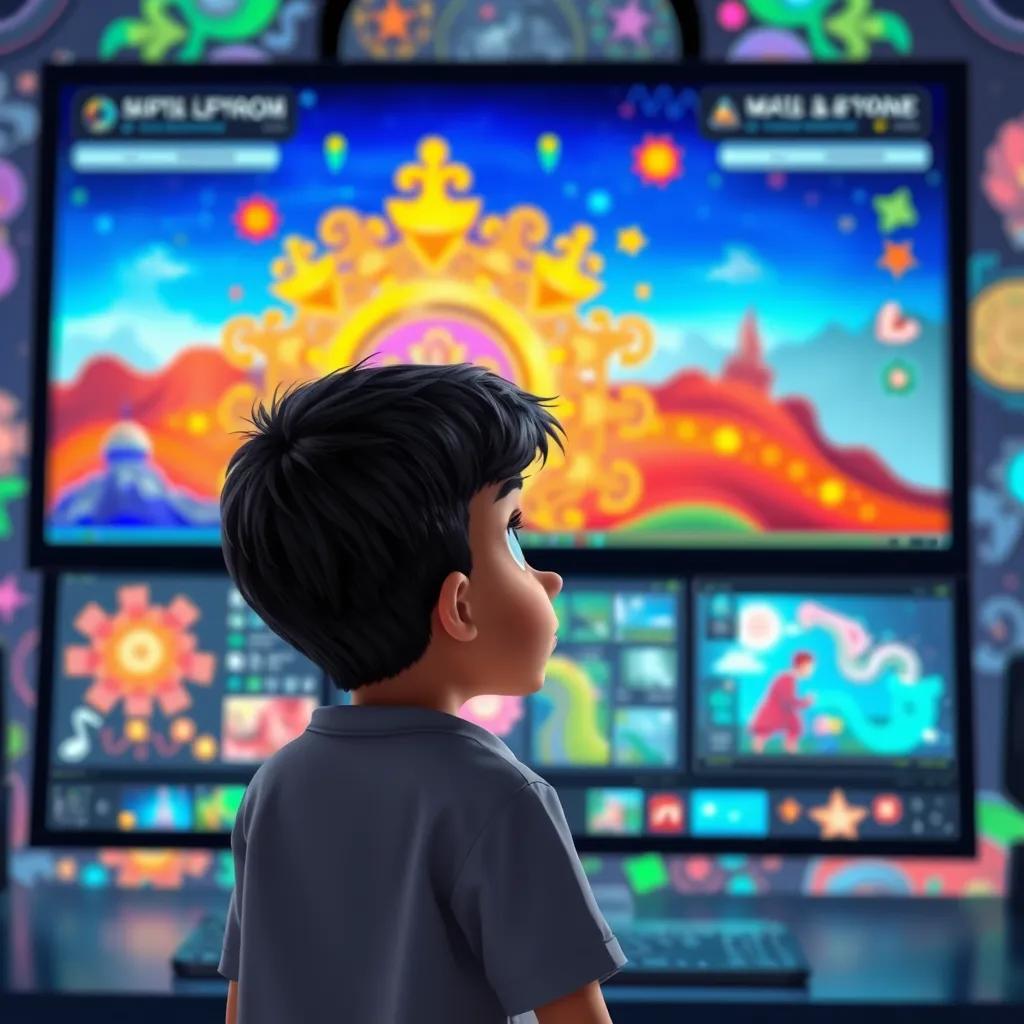 Image of Kood, a young Arab boy with short black hair, amazed by a large computer screen displaying vibrant images and graphics, colorful designs surrounding him, captivating background, imaginative illustration, bright colors, lively atmosphere