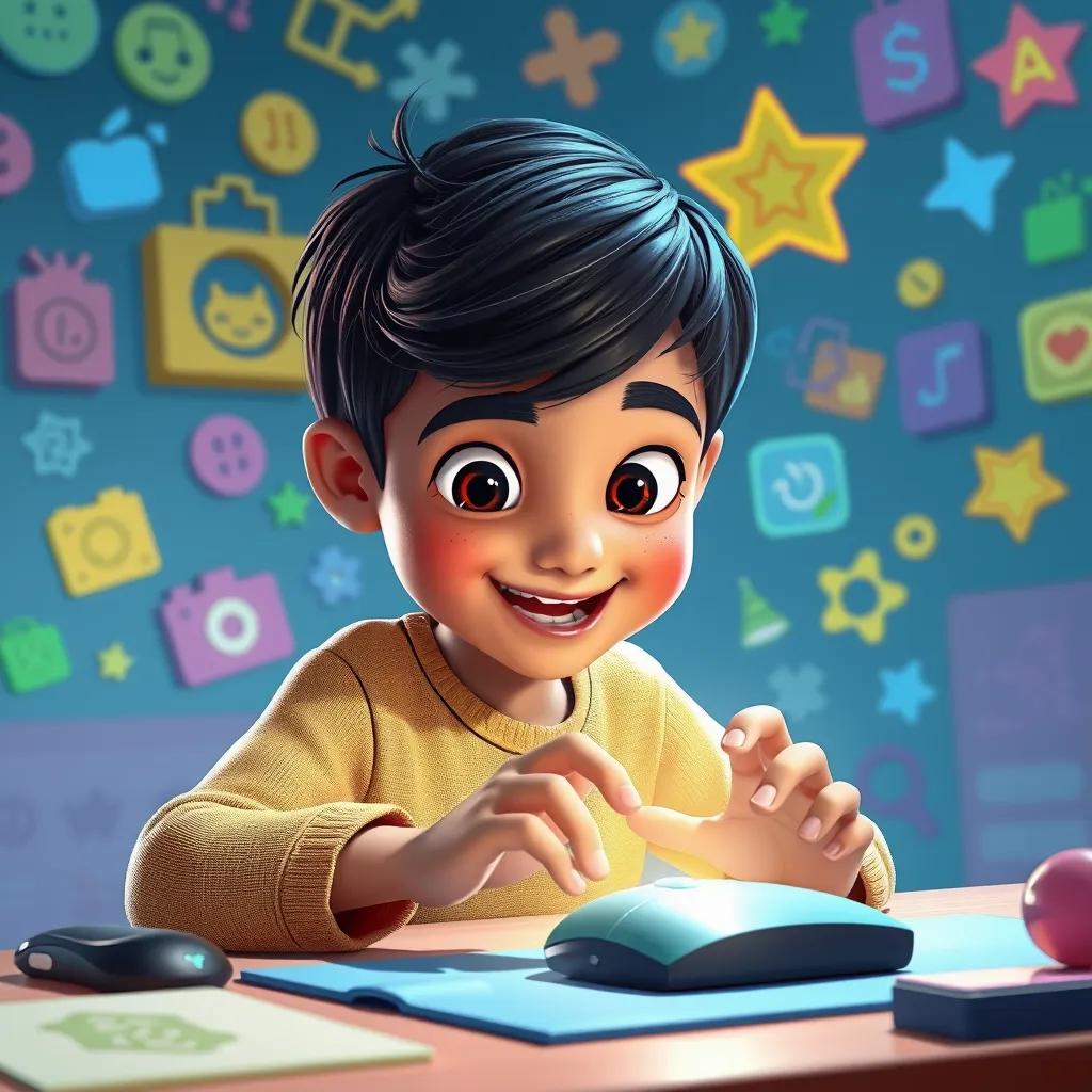 Image of Kood, a young Arab boy with short black hair, using a small mouse with enthusiasm, the mouse shining brightly, surrounded by digital icons and symbols, playful composition, colorful, engaging environment, high quality