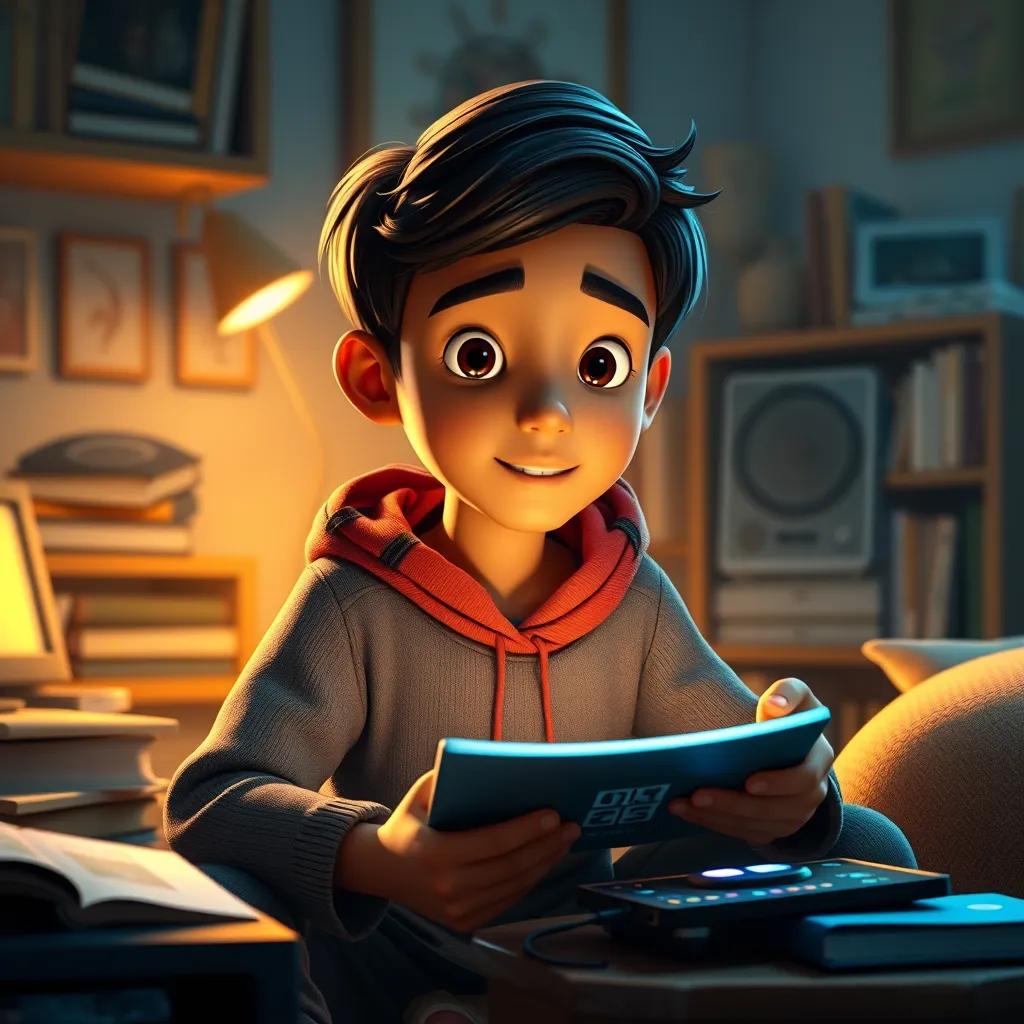 Image of Kood, a young Arab boy with short black hair, sharing his adventures about computer components to his friend, sitting in a cozy room with books and gadgets, warm light, friendly atmosphere, storytelling view, imaginative