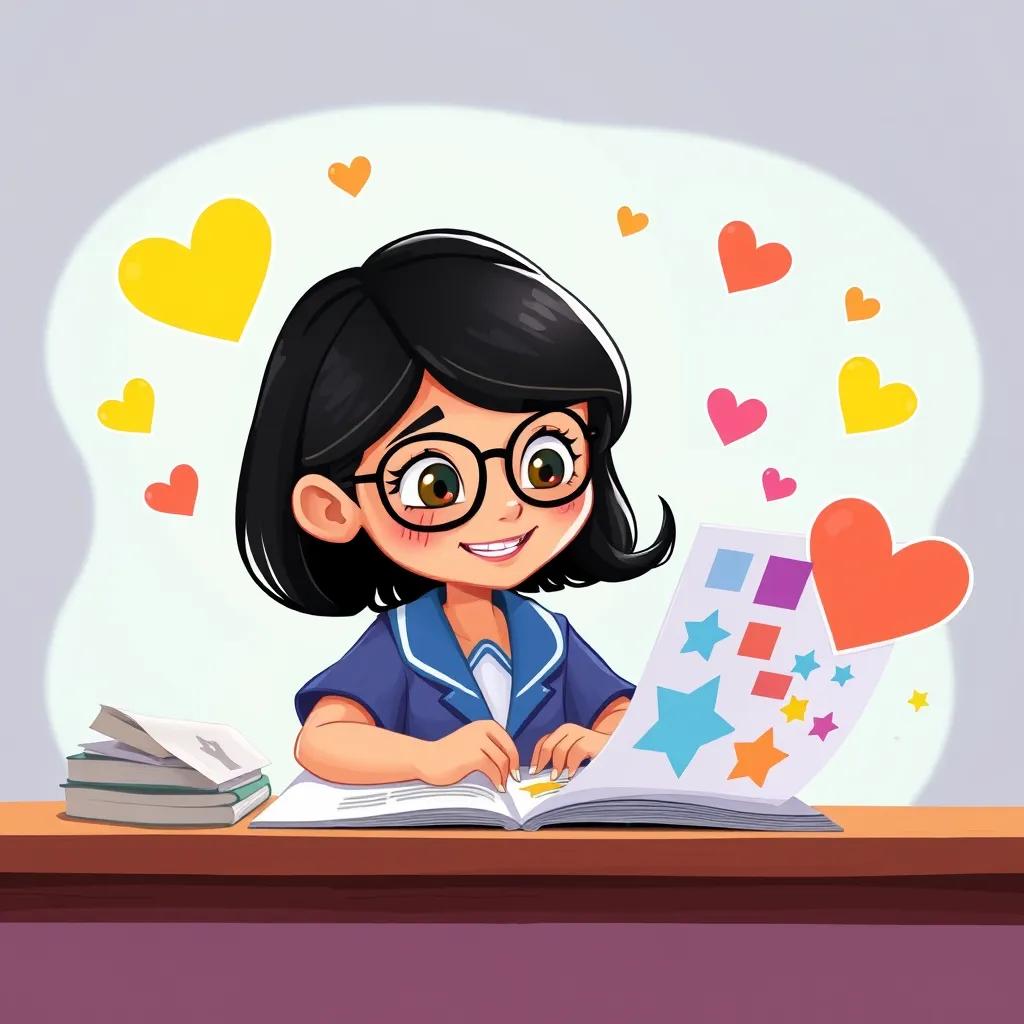 Image of Leila, a smart girl, with dark hair, adding shapes to her document, with bright hearts and stars around her, illustration, cheerful, colorful, child-friendly