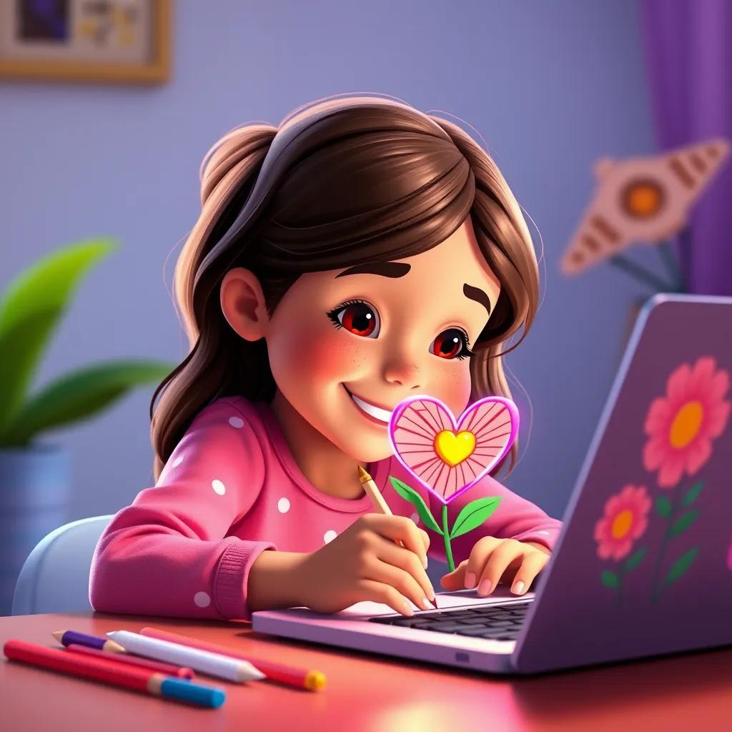 Image of Leila happily drawing a heart around a flower picture, her laptop screen visible with bright colors, magic moments, digital art, vibrant, child-friendly