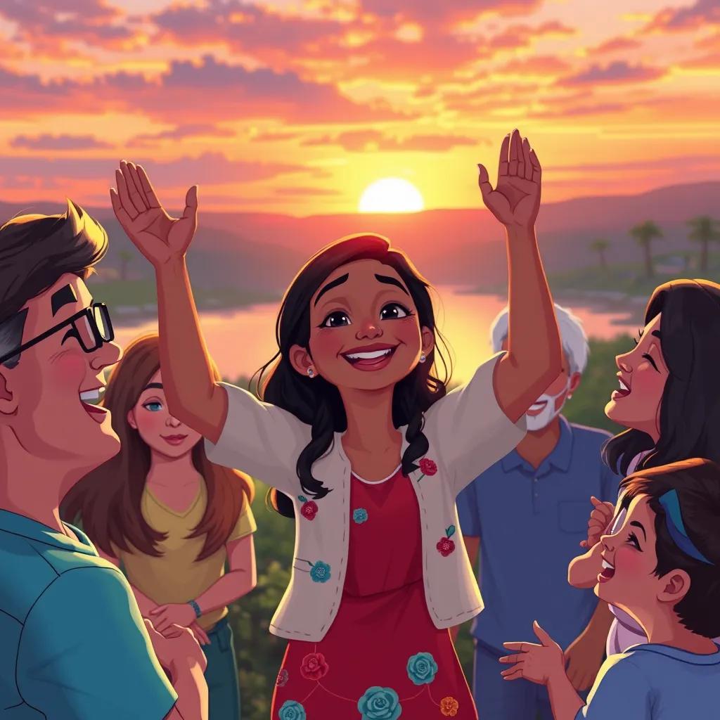 Image of Leila celebrating her success, a beautiful sunset in the background, her family and friends surrounding her, heartwarming scene, digital painting, joyful atmosphere, high quality