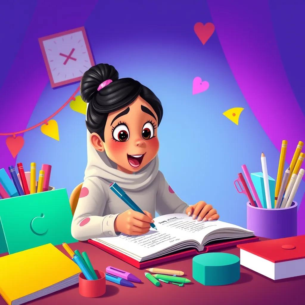 Image of Leila writing a list of party invitation ideas on her notepad, colorful stationery around her, excited expression, illustration, bright colors, fun