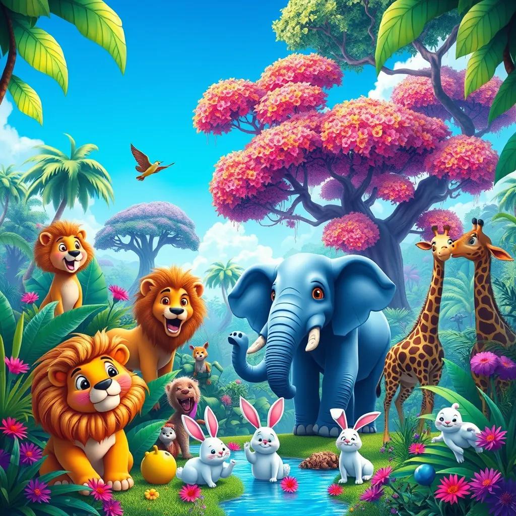 Image of A beautiful jungle kingdom with various animals like lions, elephants, bunnies, and giraffes, colorful lush greenery, bright blue sky, digital art, vibrant colors, cheerful atmosphere, high quality