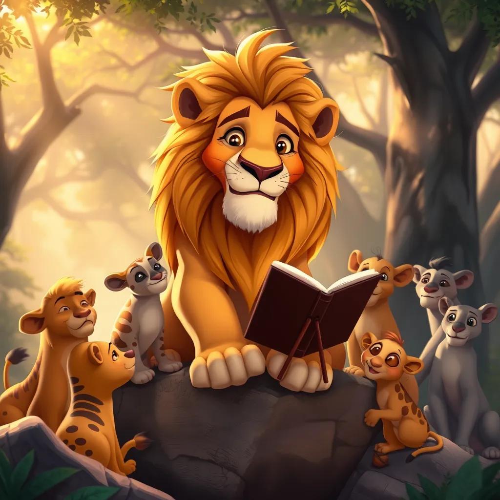 Image of A wise lion with golden fur and shining eyes, sitting on a rock surrounded by animals, story-telling scene, warm sunlight filtering through trees, illustration, heartwarming, detailed