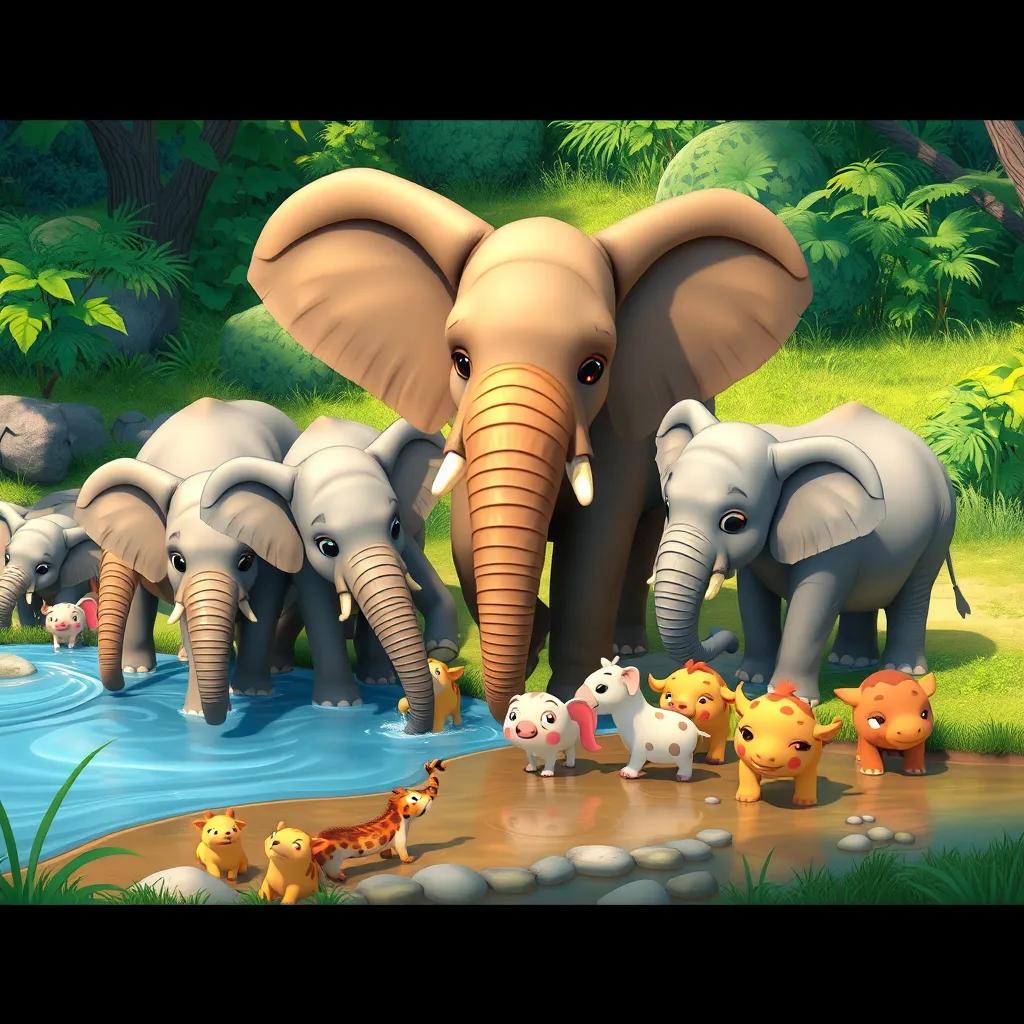 Image of A herd of elephants with big ears and large bodies near a river, helping smaller animals drink water, lush greenery around, cheerful, children's book style, vibrant colors