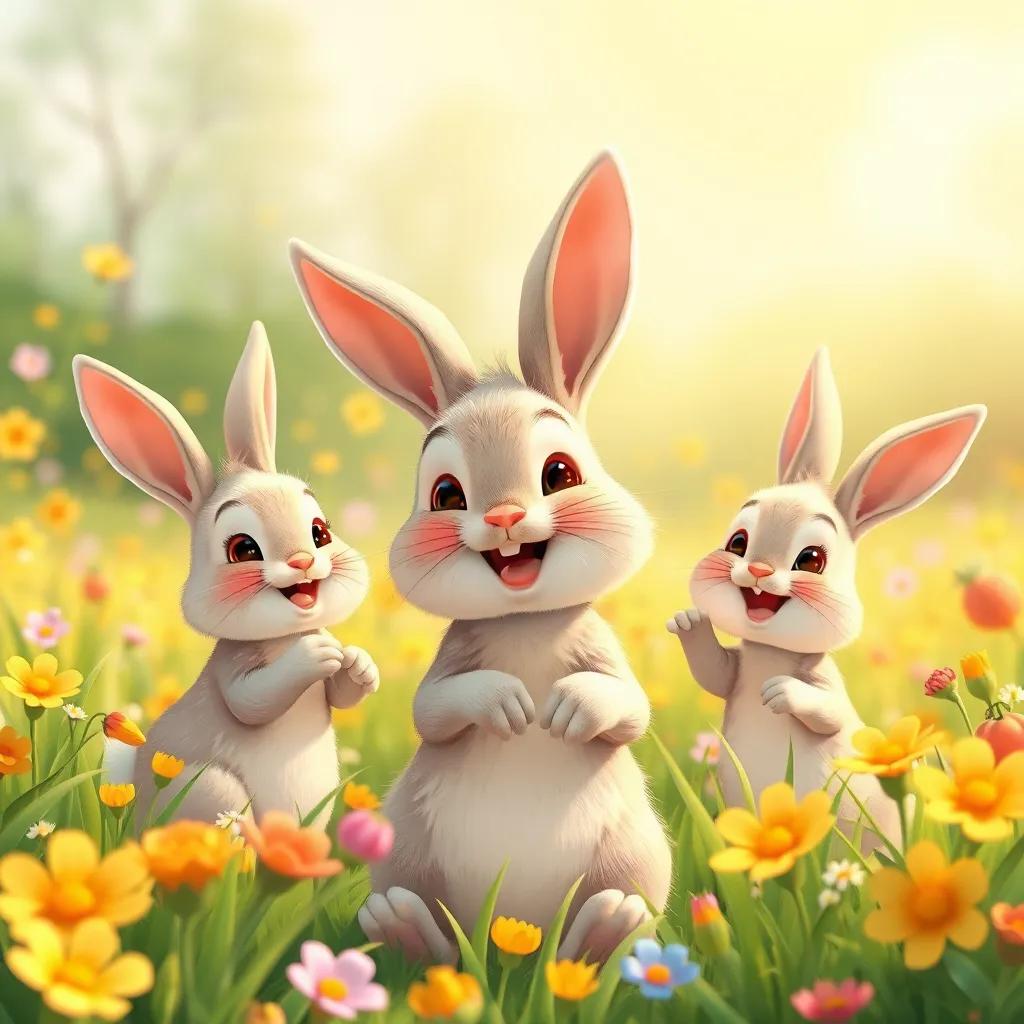 Image of Bunnies with soft fur and long ears playing in a field full of flowers and fruits, joyful activities, bright sunny day, cute and lively illustration, cheerful