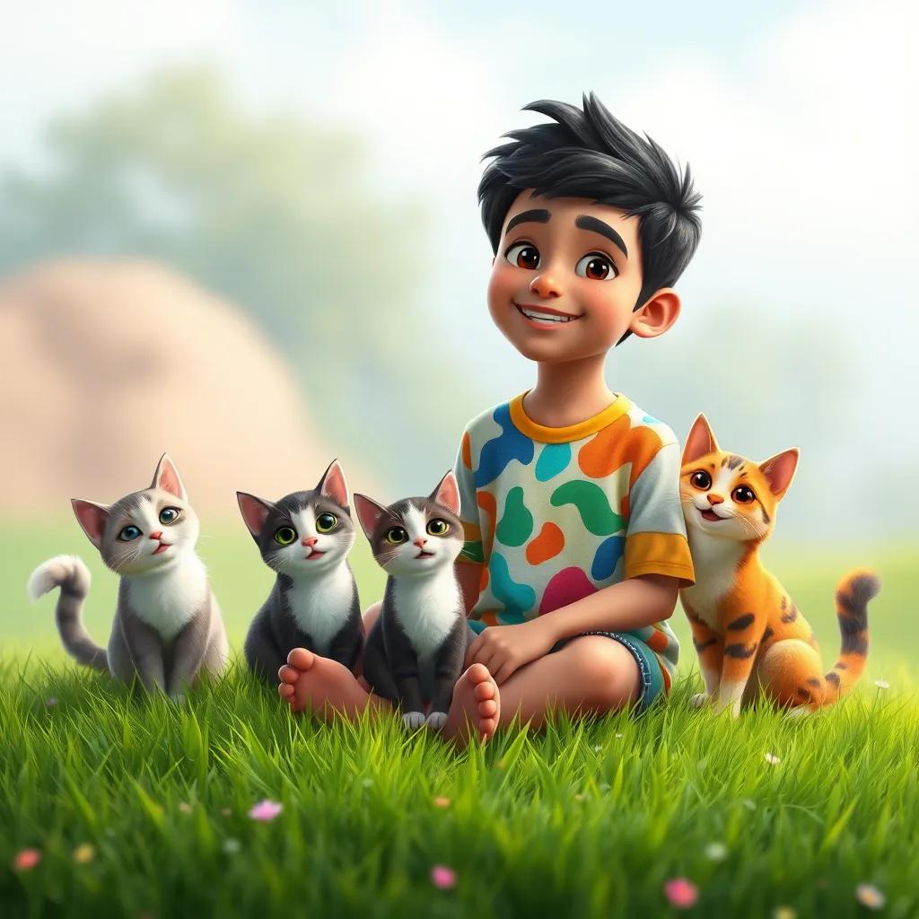 Image of A young Arab boy, منصور, with short black hair wearing a colorful t-shirt, smiling while sitting on a green grass field with four cats, digital art, vivid colors, cheerful atmosphere, high quality