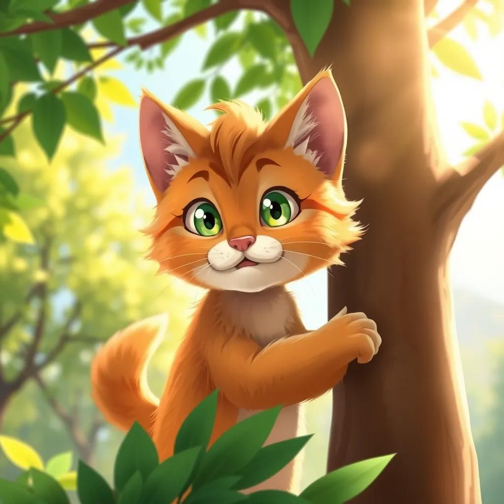 Image of A male cat, برغي, with fluffy orange fur and bright green eyes, climbing a tree in a sunny park setting, detailed illustration, bright sunlight, playful mood, child-friendly