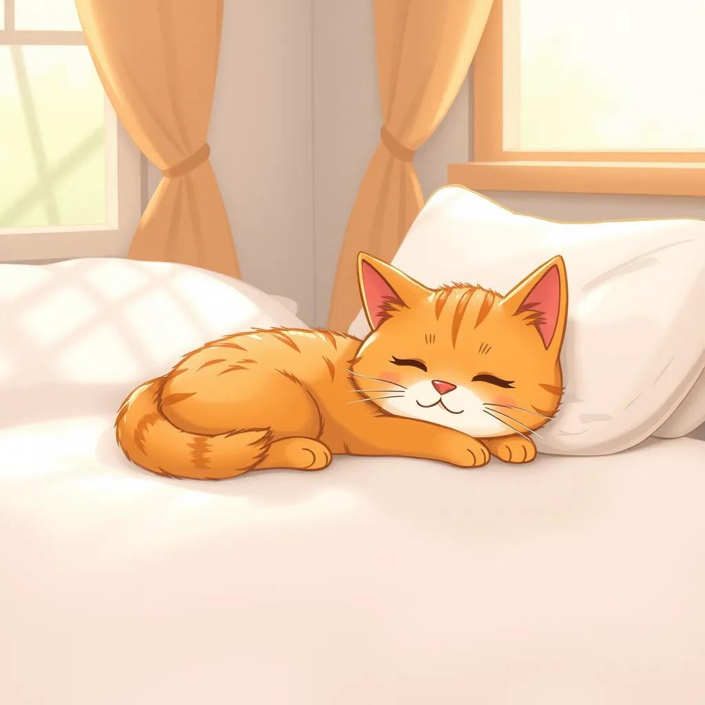 Image of A sleepy cat, زين, with soft orange fur, laying on a cozy bed with pillows, sunlight streaming in from the window, illustrating a peaceful moment, warm light, inviting, soothing