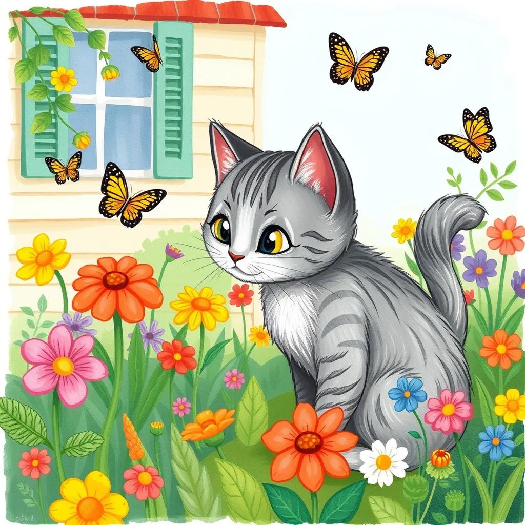 Image of An adventurous cat, سكر, with gray fur, exploring a neighbor's garden, smelling flowers and watching butterflies, surrounded by colorful plants, bright, cheerful, vibrant colors