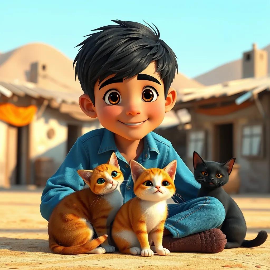 Image of A young Arab boy, منصور, with short black hair wearing a blue shirt and jeans, sitting in a small village with his three cats, bright sunny day, cheerful atmosphere, high quality