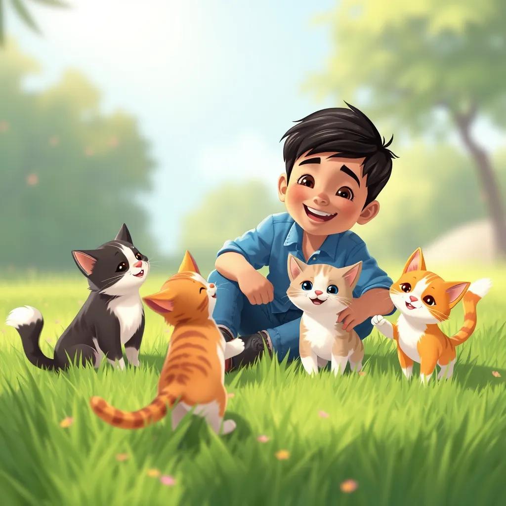 Image of A young Arab boy, منصور, with short black hair, in a blue shirt and jeans, happily playing with his three cats on the grass, bright colors, joyful moment, heartwarming illustration