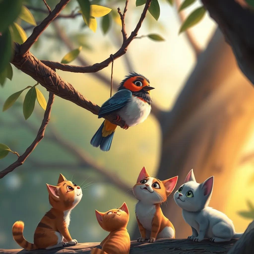 Image of A small, colorful bird stuck in the branches of a tree, with منصور, a young Arab boy, looking concerned and his three cats: Lolo, Bella, and Mimi, trying to help, warm colors, emotional moment, digital painting, engaging perspective